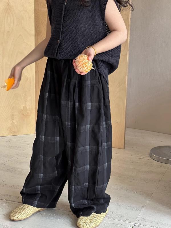 パンツ 女の子 キッズ ジュニア 防蚊 薄手 綿素材 カジュアル 韓国風 チェック柄 ロングストレート 部屋着 かわいい 春夏 ミドルウエスト