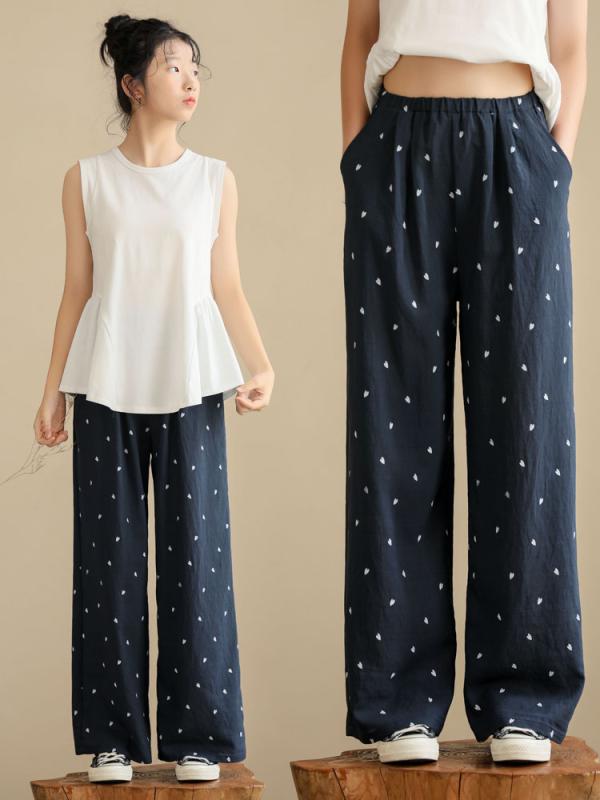 パンツ 女の子 ガールズ ジュニア 春夏 薄手 ドレープ感 とろみ素材 リラックスカジュアル 低身長向け レトロ 小花柄 ダークネイビー 綿混 レーヨン ストレートワイド イージーパンツ