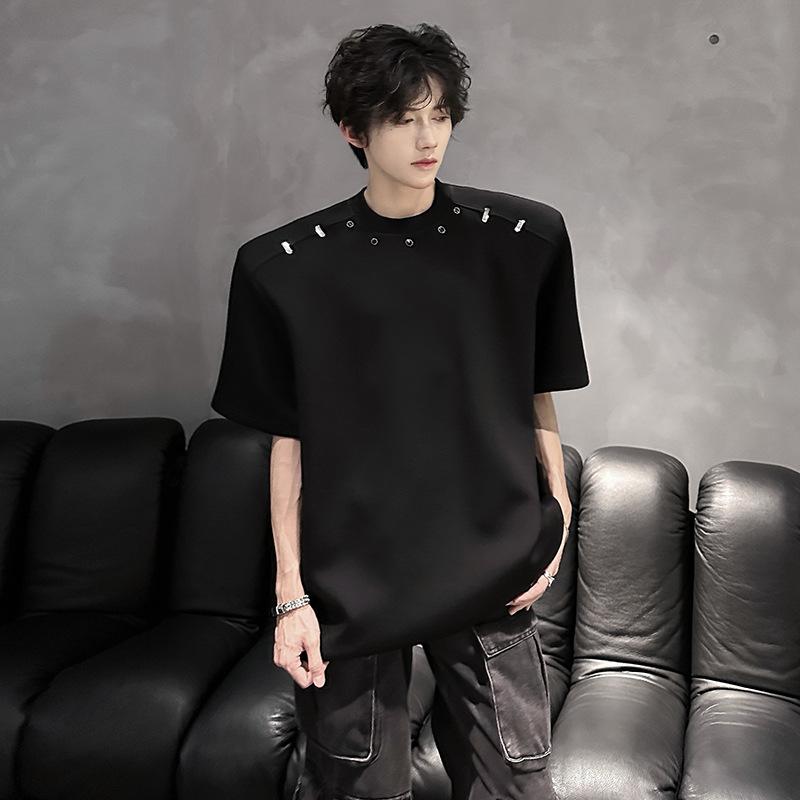 Tシャツ メンズ 肩パッドデザイン 半袖 金属装飾 トレンド 薄手 アイロン不要 上質仕立て リネンブレンド コットンブレンド ゆったり ルーズフィット カジュアル 普段着 夏 ホワイト ブラック