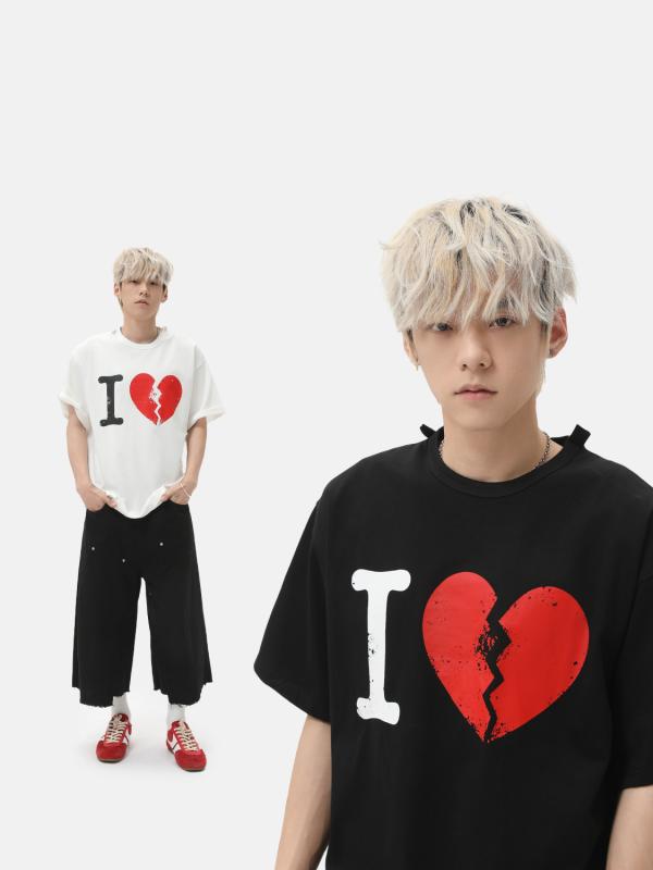 Tシャツ メンズ ヘビーウェイト 綿 韓国風 ハート柄 プリント クルーネック 半袖 ゆったり オーバーサイズ カジュアル デイリーユース カップル ペアルック 夏物 ホワイト ブラック