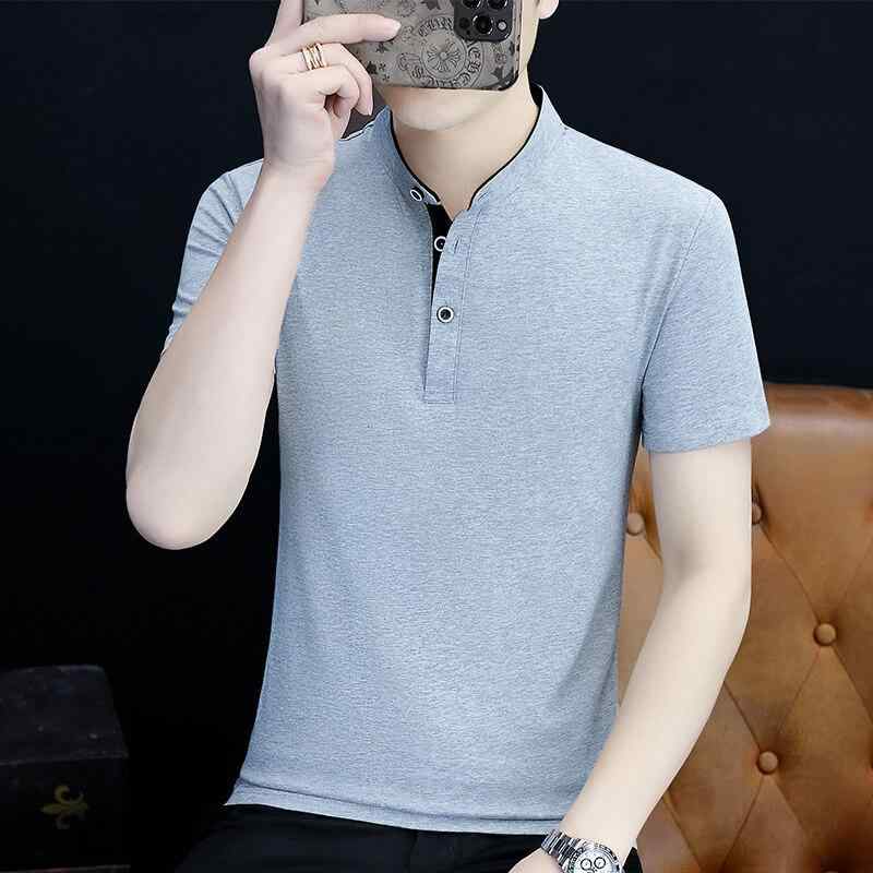 Tシャツ メンズ 男性用 半袖 高品質 綿混 スタンドカラー ストライプ 春夏 通勤 ビジネス シワになりにくい 形態安定 スリムフィット 快適 日常使い