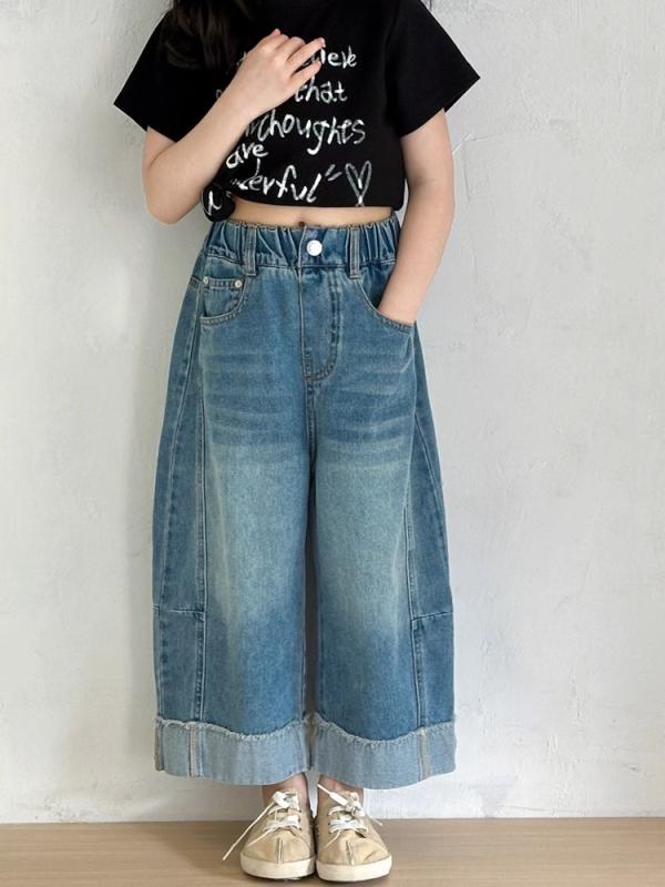 パンツ 女の子 キッズ ジュニア デニム 夏物 薄手 ストレート 九分丈 韓国風 ウエストゴム 柔らか素材 カジュアル 通学 普段着 ブルー コットンブレンド