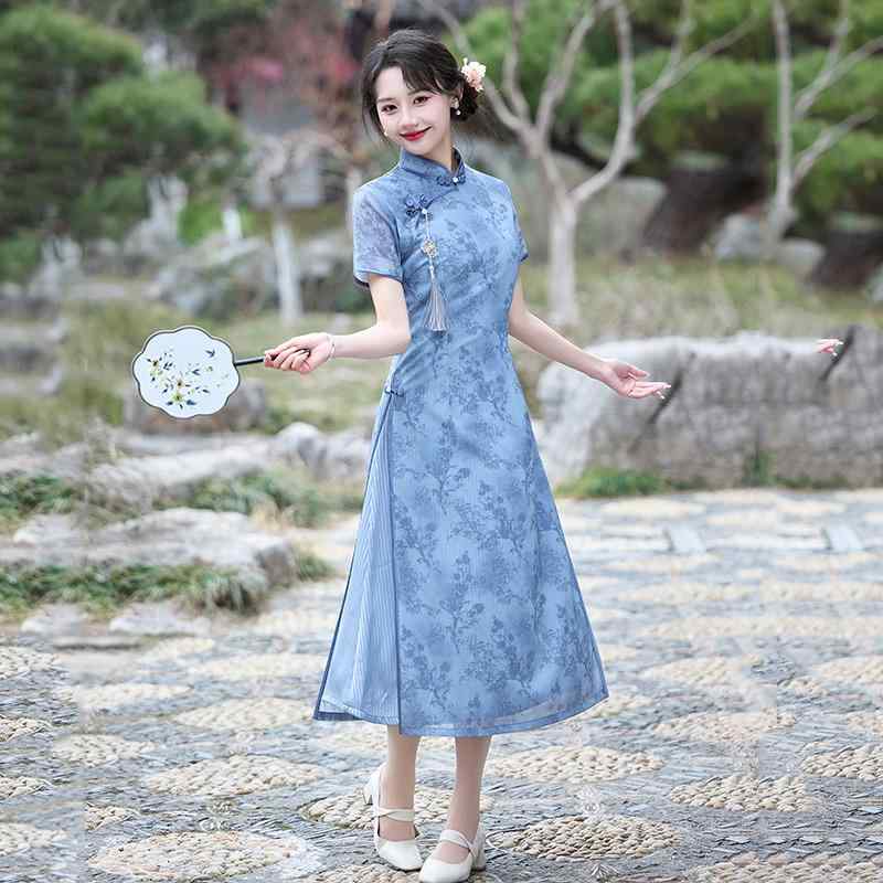 ワンピース レディース 着痩せ効果 新中華風 改良チャイナドレス レトロ 夏服 オーガンジー 立襟 七分袖 青 ブルー エスニック 若見え 細見え 女性用