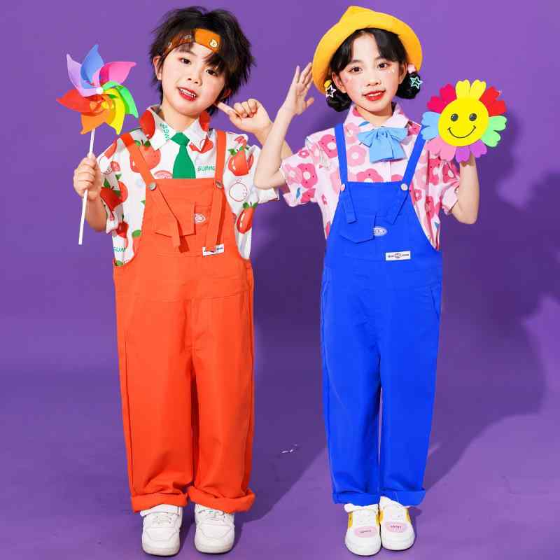 キッズ 衣装 男の子 女の子 ソフト ポリエステル ドーパミン チアリーディング 花柄シャツ オーバーオール パンツ 発表会 運動会 ダンス 小学生 幼稚園 クラス服 春夏