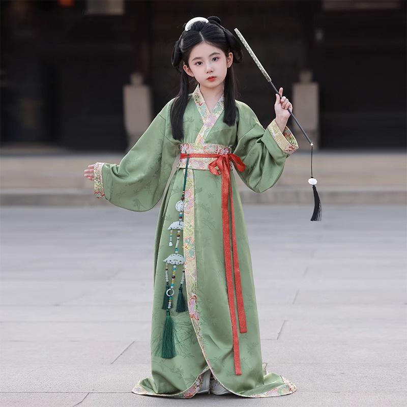 やわらか素材 ポリエステル 漢服 キッズ 女の子 グリーン 中国風 古風 戦国袍 魏晋南北朝 交領襦裙 直裾 プリンセススタイル 発表会 舞台衣装 イベント 春夏