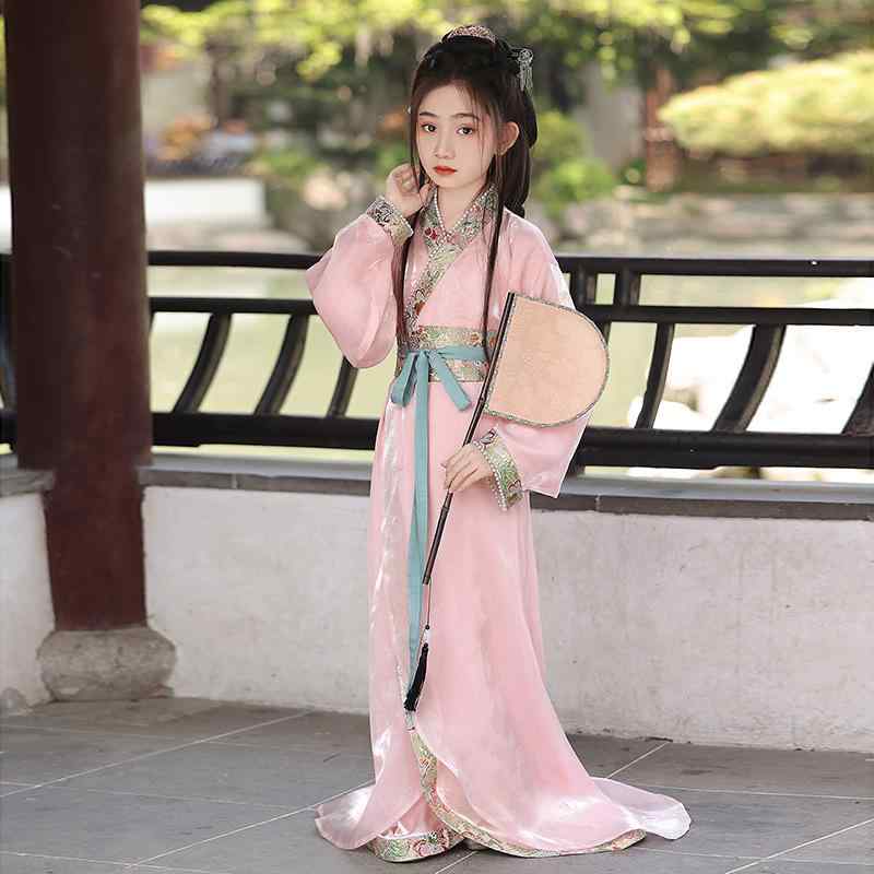 唐装 キッズ 女の子 ピンク 戦国袍 直裾 交領 復元モデル 中国風 長儒 舞台衣装 発表会 コスプレ 柔らかな肌触り ポリエステル素材 プリンセススタイル 春夏