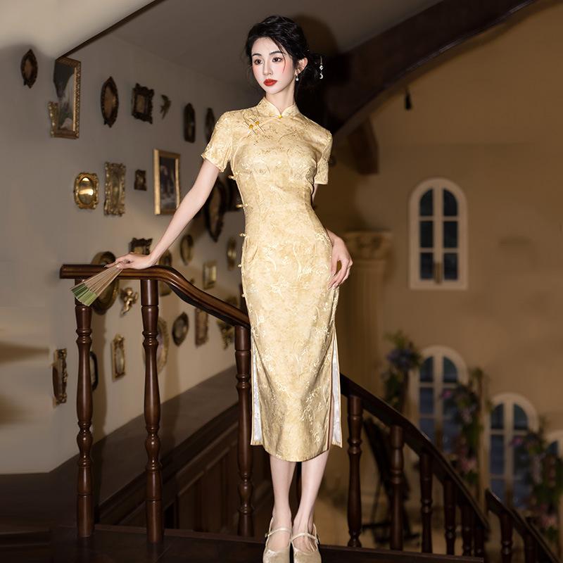 チャイナドレス レディース ワンピース イエロー ロング丈 半袖 レトロ モダン ジャガード織り スタンドカラー 上品 エレガント パーティー イベント お呼ばれ 夏 サマー