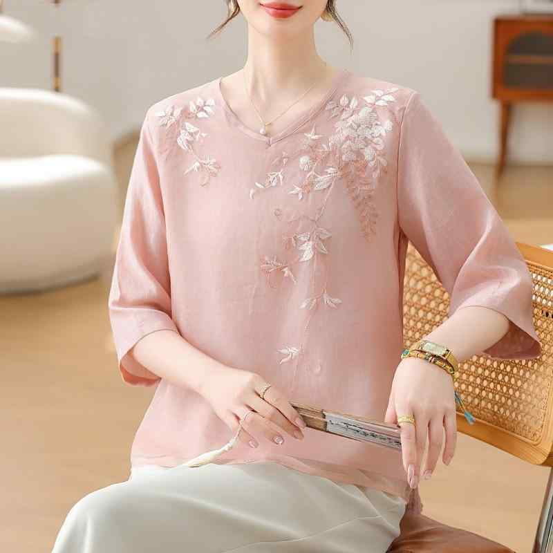 Tシャツ レディース ミセス ママ 春夏 七分袖 ゆったり 薄手 プルオーバー 快適 カジュアル おしゃれ トップス 体型カバー ピンク ホワイト