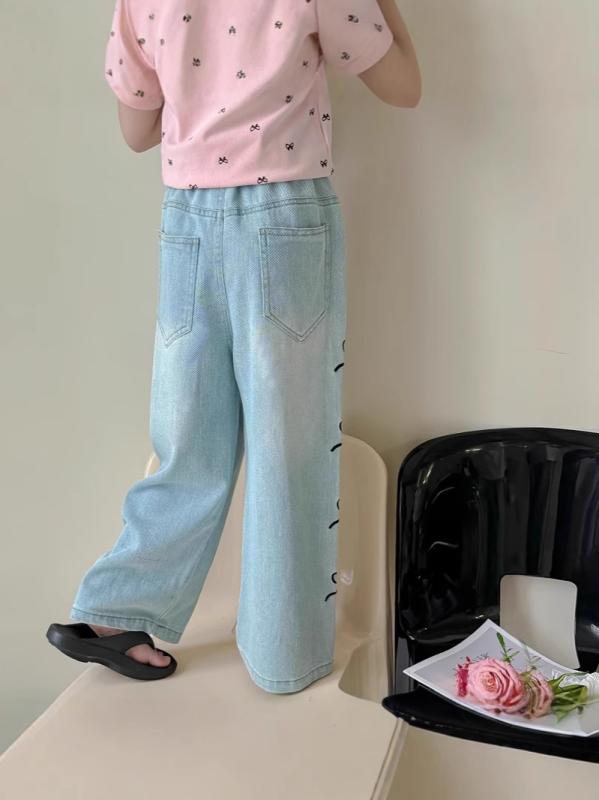 デニムパンツ キッズ 女の子 ガールズ 春夏 韓国風 おしゃれ かわいい やわらか綿 ゆったり ストレート リボン ロング カジュアル ブルー