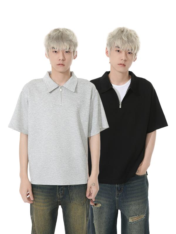 Tシャツ メンズ 韓国風 おしゃれ ミニマリスト 無地 ポロ襟 ハーフジップ ゆったり オーバーサイズ 半袖 カットソー 春夏 着回し 日常使い