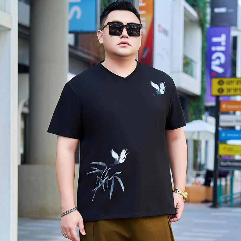 吸湿速乾 通気性 高弾力 Tシャツ メンズ 大きいサイズ 中国風 プリント Vネック 薄手 半袖 ストレッチ 綿混 黒 カジュアル