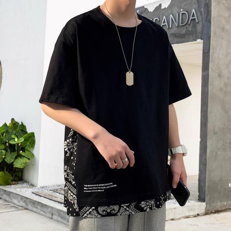 Tシャツ メンズ 吸汗速乾 通気性 ストレッチ 大きいサイズ ビッグサイズ ゆったり 切り替え 民族風 半袖 クルーネック 薄手 綿混 春夏
