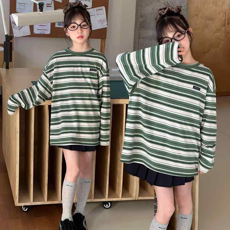 Tシャツ 女の子 ガールズ 吸湿速乾 長袖 ボーダー ストライプ 中学生 韓国ファッション おしゃれ トレンド 春秋 グリーン