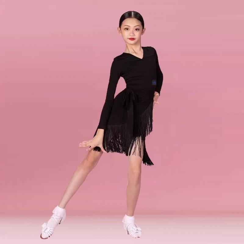 ラテンダンス衣装 キッズ 女の子 女児 ラテンドレス スカート フリンジ タッセル 競技用 練習着 発表会 レッスン ステージ 規定品 夏用 ブラック コーヒー