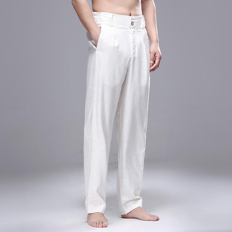 パンツ メンズ 薄手 春夏 ゆったり ストレート リネン 麻混 カジュアル チャイナ風 無地 ハイウエスト ポケット付き ノンストレッチ ホワイト ブラック ライトグレー