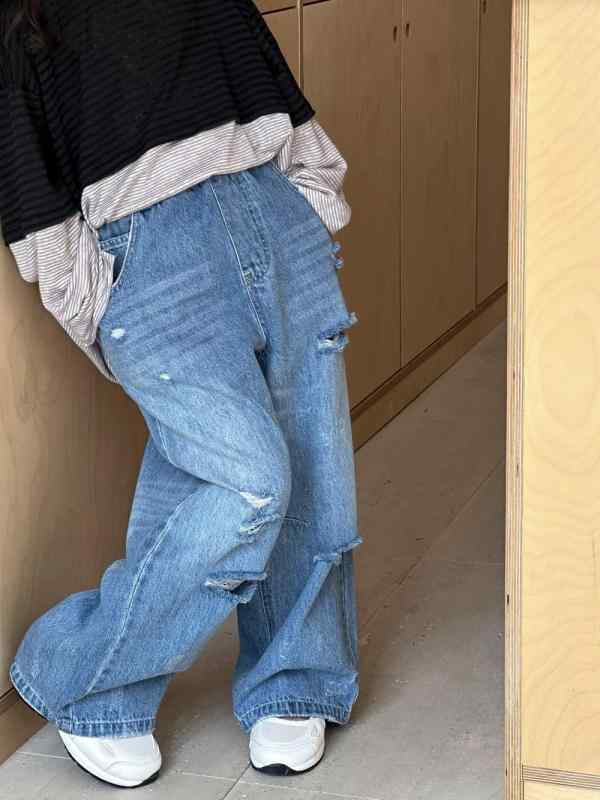 パンツ キッズ 女の子 ジュニア 柔らかなソフトデニム ダメージ加工 ストレートワイド ゆったり ウエストゴム 快適 カジュアル 韓国風 春夏 ブルー ロング丈