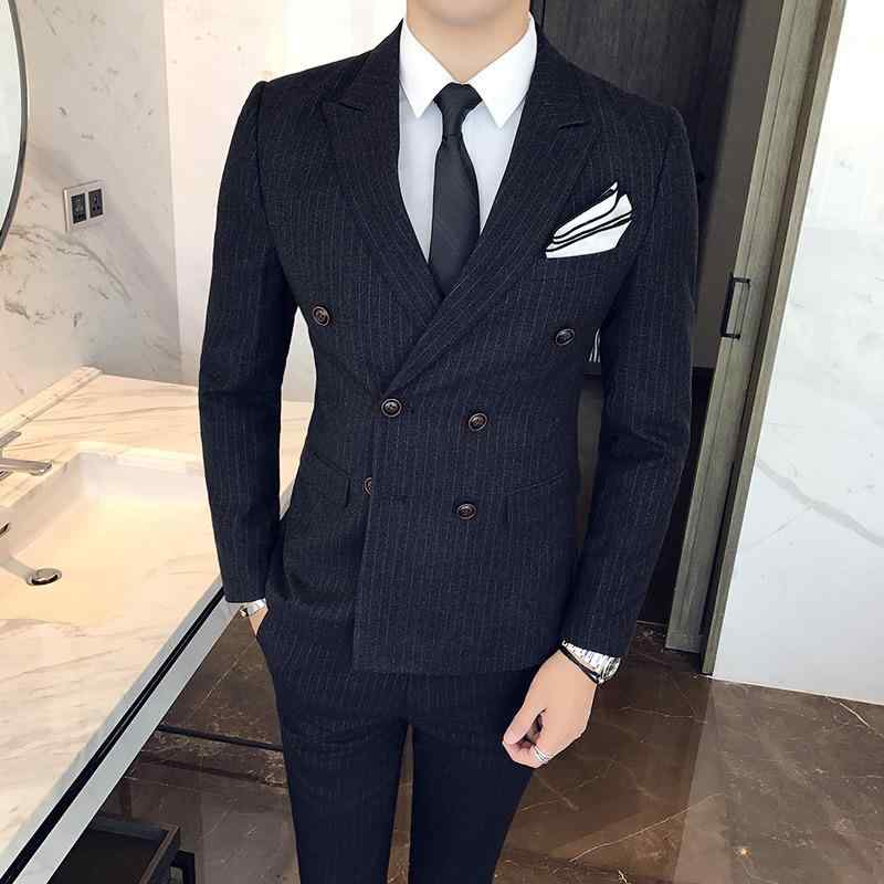 スーツ メンズ 男性用 ストライプ柄 ダブルブレスト 多ボタン スリーピース ビジネス 紳士 スリムフィット 綿麻混紡 春夏 ブラック ネイビー 10,443円