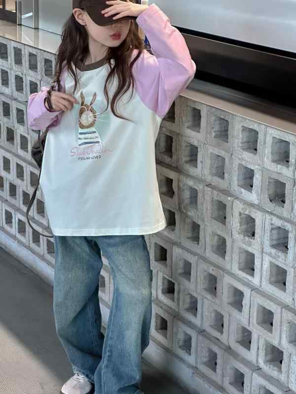 キッズ 女の子 ジュニア 吸湿速乾 長袖 Tシャツ 綿混 肌触り良い 丸首 うさぎ柄 キャラクタープリント おしゃれ 韓国風 春秋 秋物 普段着 カジュアル ピンクパープル 4,349円