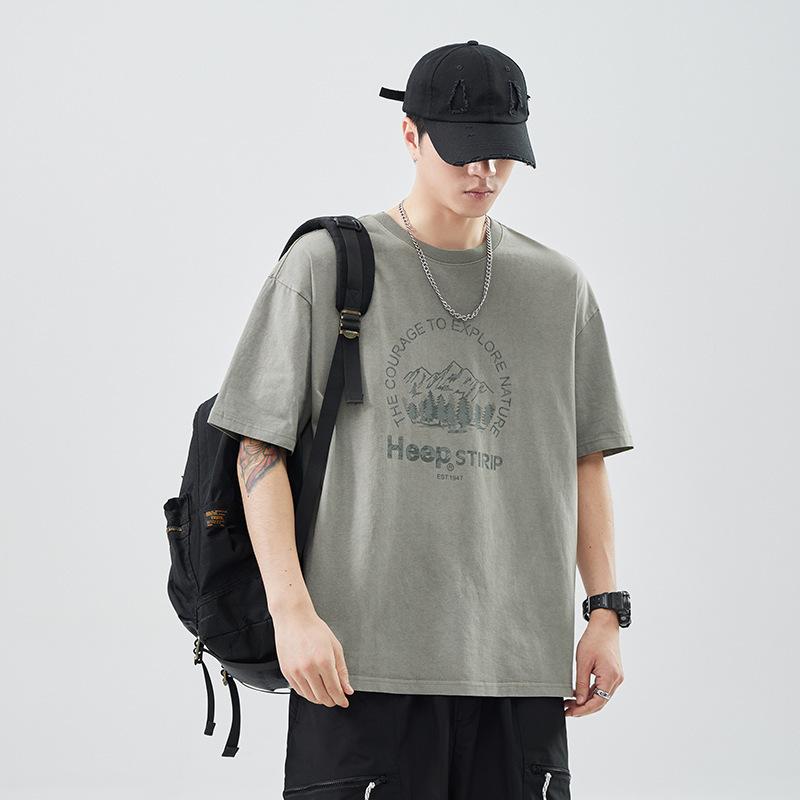 Tシャツ メンズ 春夏 通気性 防シワ ウォッシュ加工 コットン 半袖 ゆったり クルーネック ドロップショルダー プリント カジュアル 大きいサイズ