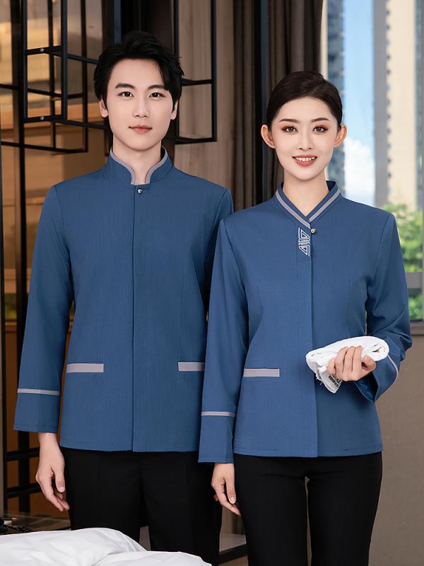 作業服 レディース 長袖 清掃ユニフォーム ホテル清掃 病院 家政婦 ビルメンテナンス 業務服 制服 吸湿速乾 トップス 秋冬 豊富なサイズ ポリエステル 綿 ブルー グレー グリーン ダークグレー
