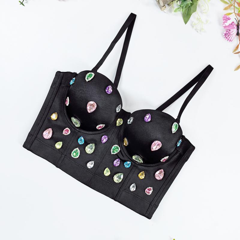 ブラジャー レディース 一体型 シームレス 谷間メイク 美背 スリムフィット 欧米風 フィッシュボーンデザイン 立体ドロップストーン ラインストーン 取り外し可能ストラップ ダブルストラップ ポリエステル 伸縮性 ショート丈 セクシー ブラック 春夏