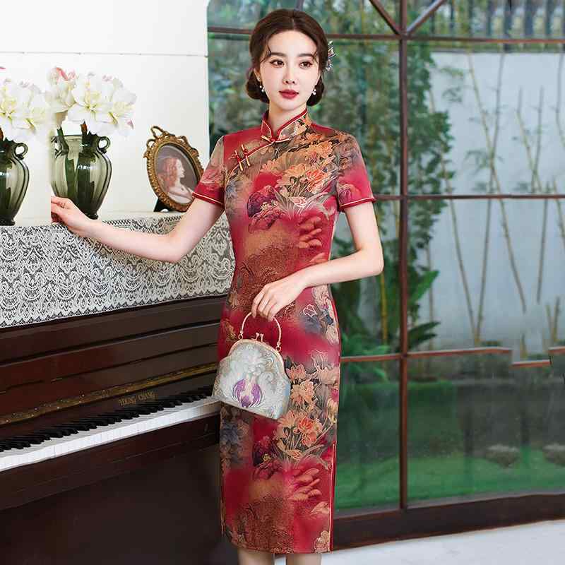 チャイナドレス レディース ミディ丈 ママ 母親向け 中国風 改良 レトロ 上品 エレガント 普段着 デイリー使い 半袖 ラウンドネック スリット入り 光沢感 シルク調 ポリエステル 春夏