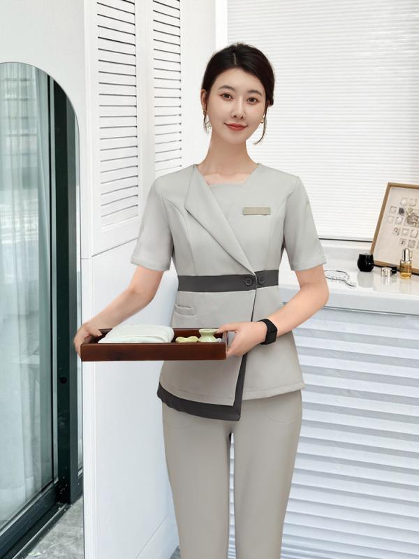 エステ服 レディース 美容師 施術着 医療 エステ サロン ユニフォーム 韓国 高級感 パンツスタイル 半袖 七分袖 春夏 ポリエステル 速乾 シワになりにくい 白 グレー