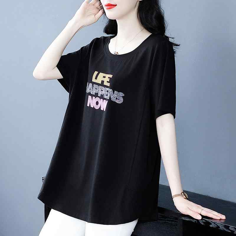 Tシャツ レディース 大きいサイズ ママ 着痩せ ゆったり 五分袖 ラウンドネック アルファベット プリント 黒 春夏 OOTD ショート丈 トップス 上品 カジュアル シフォン ポリエステル