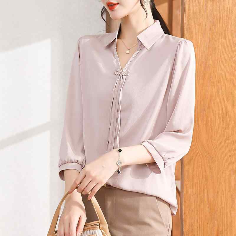 Tシャツ レディース ミセス 大人女性 春夏 七分袖 上品 若見え シャツ風 ブラウス ゆったり 体型カバー プルオーバー お出かけ きれいめ カジュアル ピンク ベージュ