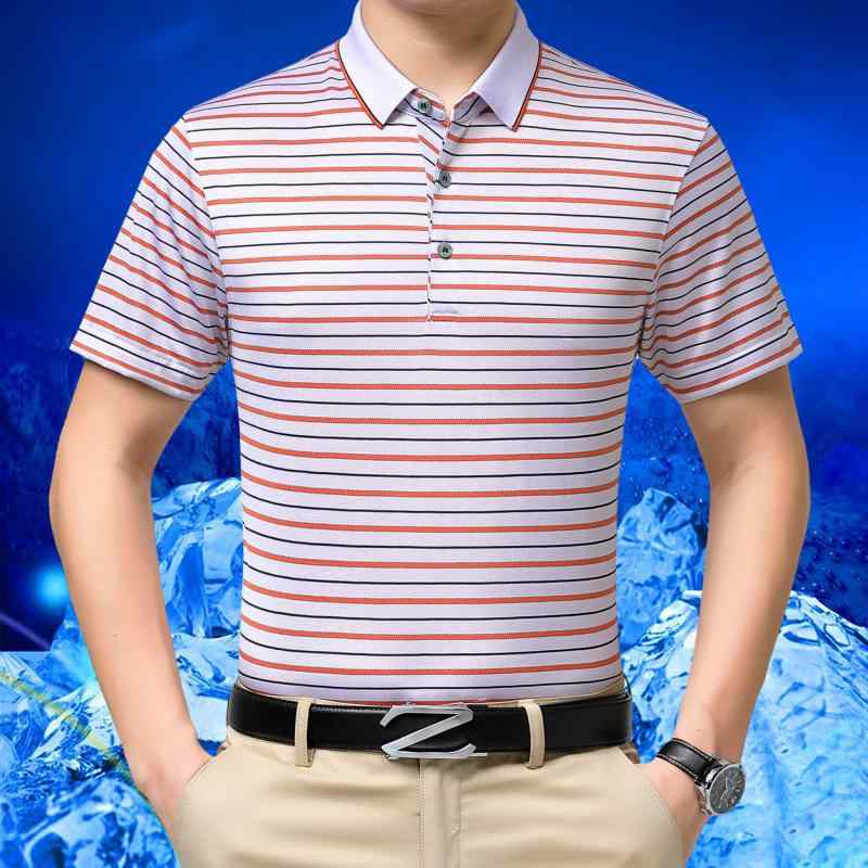 ポロシャツ メンズ 男性用 接触冷感 吸湿速乾 通気性 ストレッチ 春夏 薄手 半袖 ゆったり シルク 絹 襟付き ストライプ ビジネス カジュアル ミドルエイジ 大人用