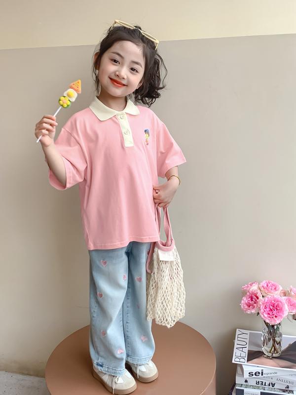 Tシャツ 女の子 キッズ 半袖 吸湿速乾 やわらか肌触り キャラクタープリント ポロシャツ かわいい 夏服 綿素材 丸首 おしゃれ カジュアル トップス ピンク アプリコット