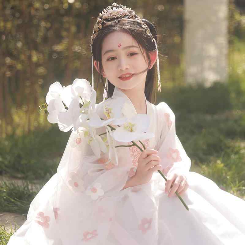 ワンピース 子供服 女の子 漢服 唐装 古風 中国風 白 無地 プリンセス 妖精風 優美 柔らかい肌触り ポリエステル素材 裏地付き 春夏 イベント 発表会 3歳から8歳向け