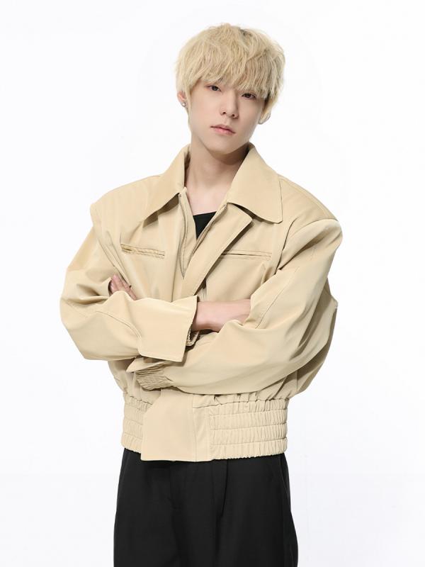 ジャケット メンズ オーバーサイズ 肩パッド付き ショート丈 無地 韓国風 春アウター デイリーユース ポリエステル ゆったり カジュアル 長袖 襟付き｜セキュアデポ