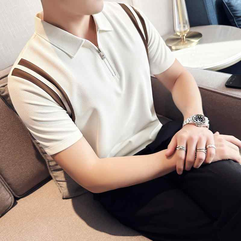POLOシャツ メンズ ストレッチ 接触冷感 半袖 ハーフジップ ポリエステル ポップコーン生地 切り替え スリムフィット カジュアル 春夏