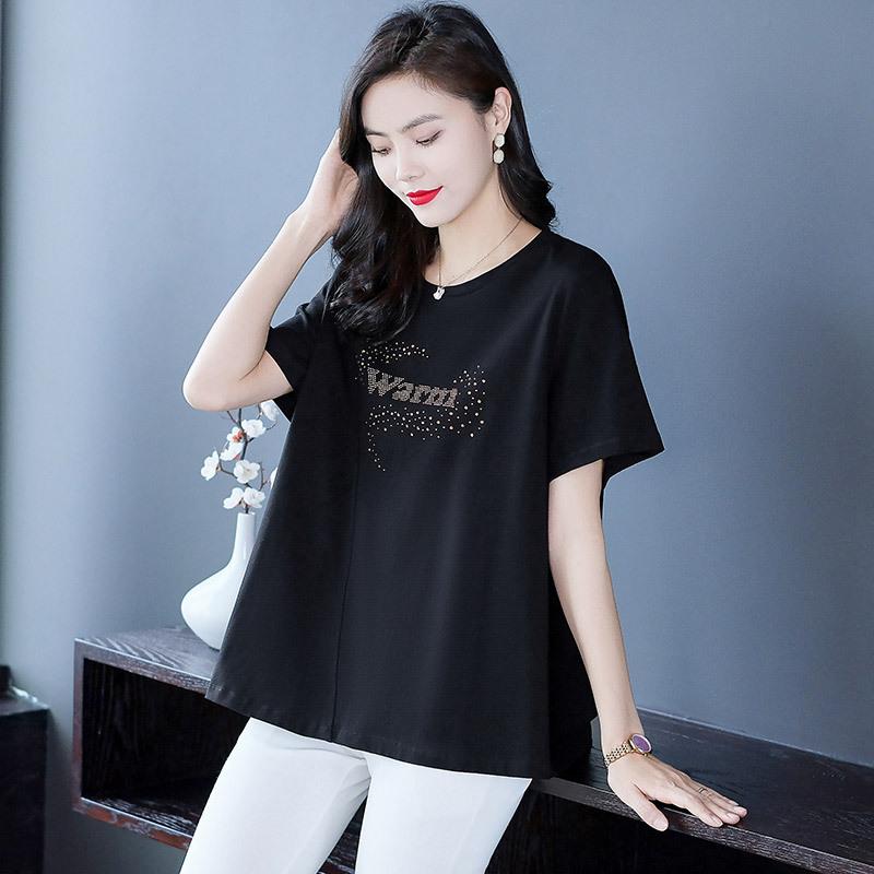 Tシャツ レディース 吸汗速乾 通気性 半袖 ゆったり 大きいサイズ 綿 コットン ラインストーン プリント カジュアル 春夏 インナー トップス カットソー