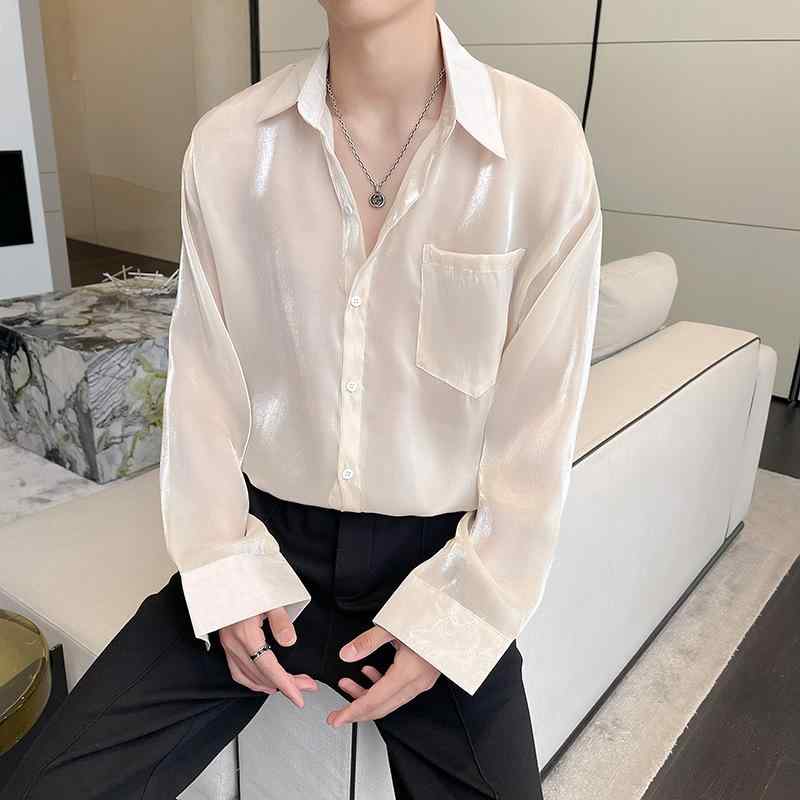 シャツ メンズ 形態安定 UVカット 光沢感 長袖 ゆったり オーバーサイズ リラックスフィット カジュアル ファッション トレンド 個性的 無地 レギュラーカラー 綿混 ポリエステル 春秋 アプリコットカラー
