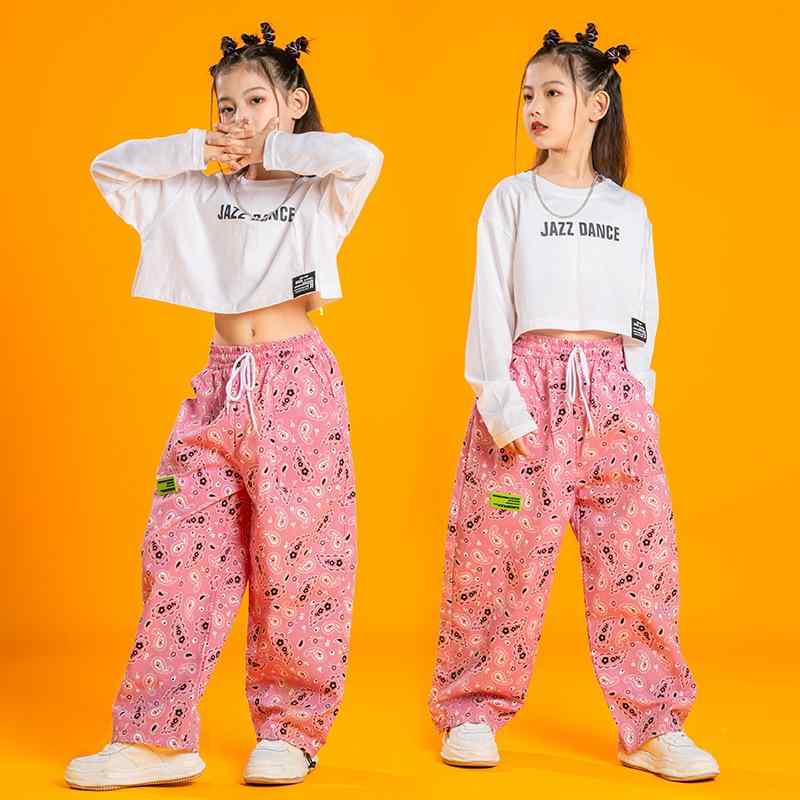 ダンス衣装 女の子 キッズ ストリートダンス ジャズダンス へそ出し クロップド丈 韓国ファッション ピンク ロングパンツ 発表会 パフォーマンスウェア