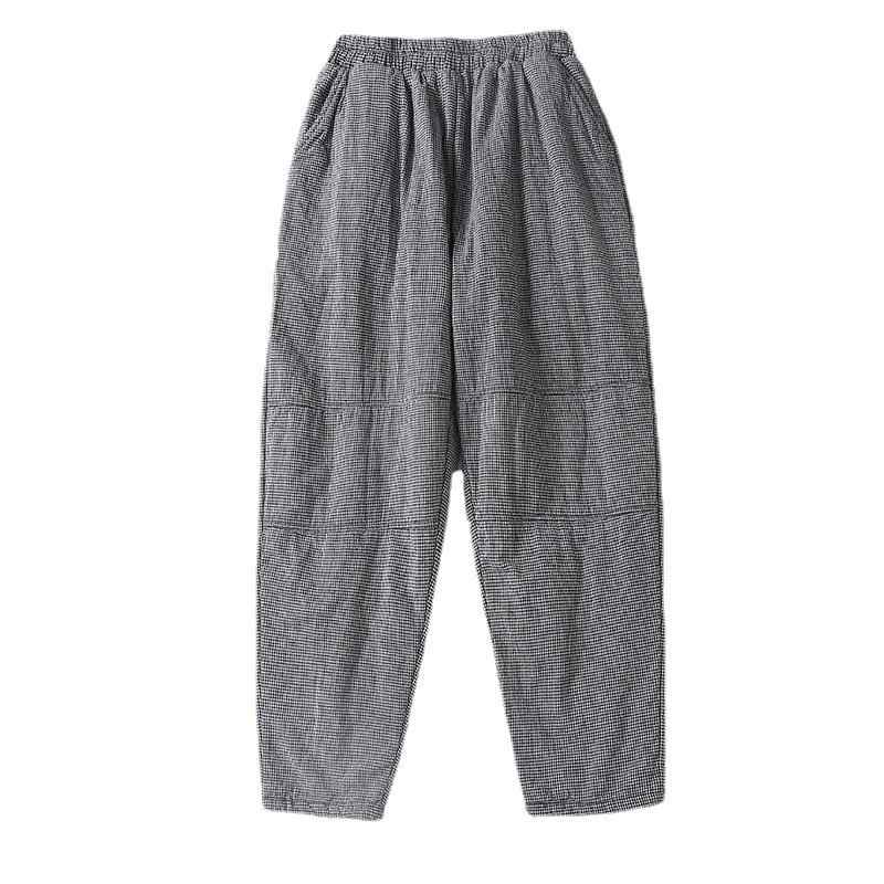 パンツ レディース コットンリネン チェック柄 中綿入り 薄手 ウエストゴム ゆったり サルエル ロング丈 レトロカジュアル 切り替え 秋冬