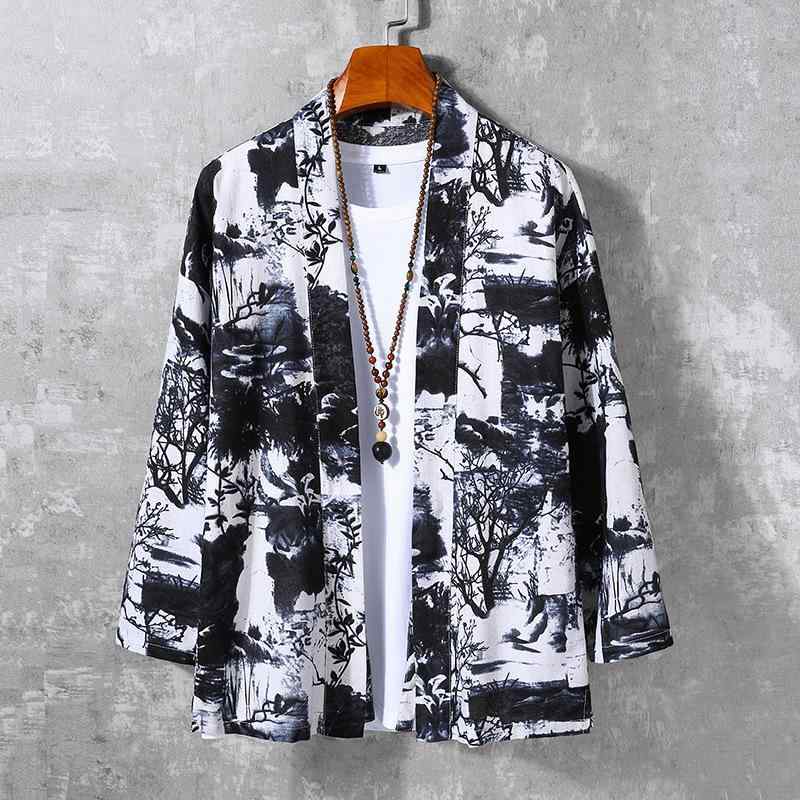 カーディガン メンズ 男性用 中国風 レトロ 漢服 水墨画プリント 長袖 薄手 ポリエステル混紡 普段使い アウター 羽織り 春夏