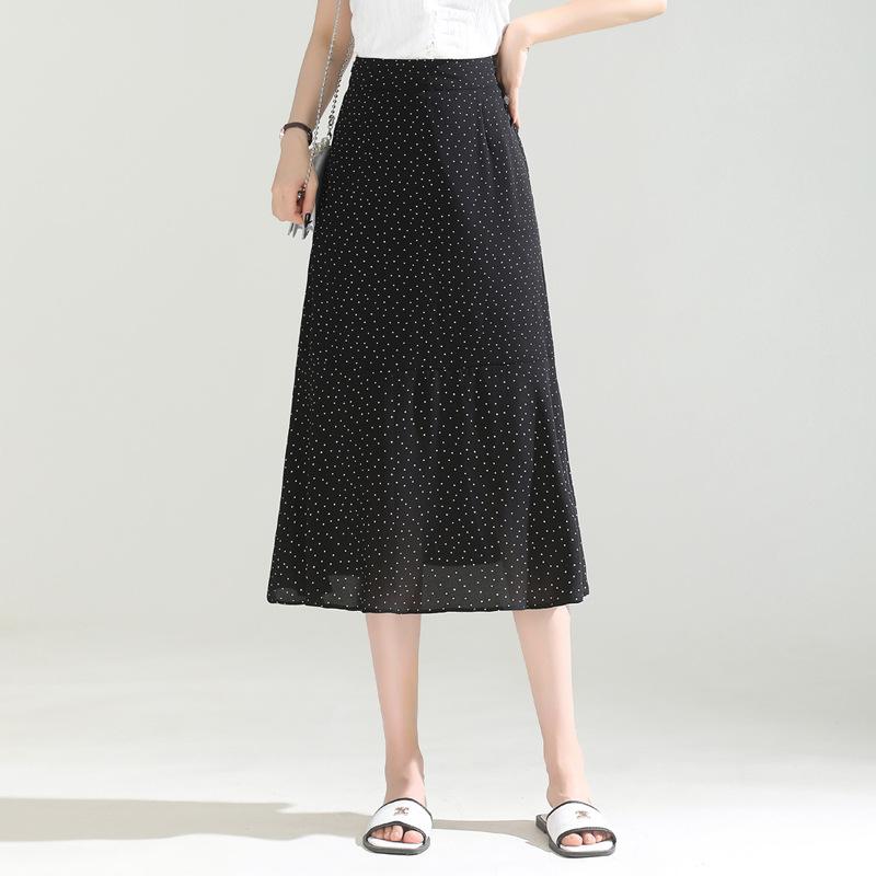 スカート レディース 着痩せ ドレープ感 スリムフィット ドット柄 シフォン ミモレ丈 ロング丈 通勤 きれいめ エレガント シンプル おしゃれ ポリエステル 黒 春夏