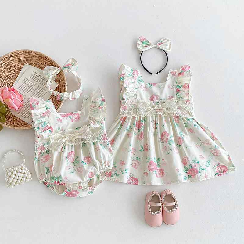 ワンピース ロンパース 女の子 ベビー服 花柄 フリル袖 韓国風 綿100% 半袖 春夏 1歳 2歳 3歳 姉妹コーデ お揃い かわいい 出産祝い プレゼント