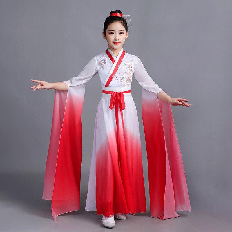 漢服 女の子 女児 中国風 古典舞踊 水袖 春夏 プリンセスライン 華やか 優雅なフレアスカート 発表会 演奏会 ステージ衣装