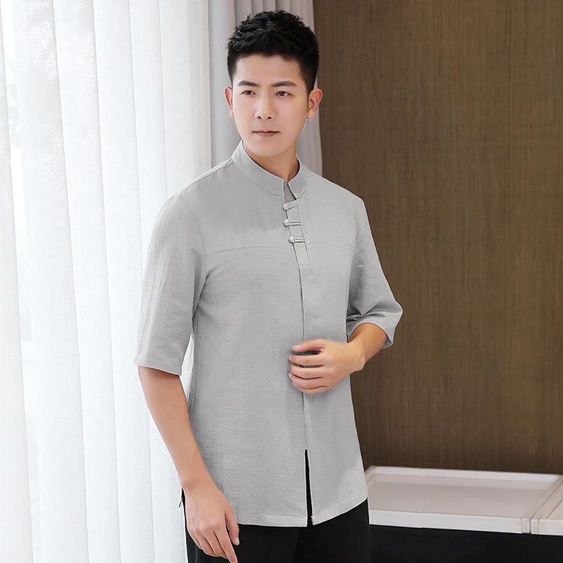 メンズ 吸汗速乾 リネン スパンデックス ストレッチ 施術服 マッサージ制服 ホテル用 サウナ 太極拳 リラックス 部屋着 朝練 カーキ ネイビー