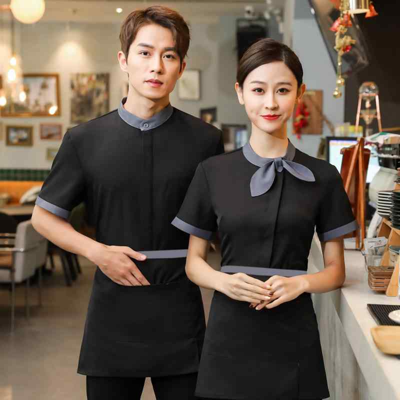 制服 レディース 吸汗速乾 快適 半袖 綿混 ホテル レストラン カフェ 火鍋店 農家レストラン ホールスタッフ 従業員 作業服 夏物 黒 グレー 通勤 ビジネス