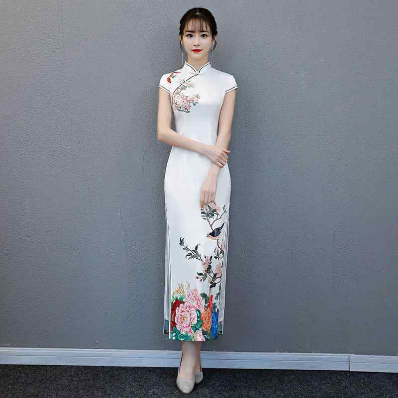チャイナドレス レディース 花柄 レトロ スリムフィット ロング丈 半袖 ポリエステル素材 ラウンドネック 国風 中華風 発表会 舞台衣装 ステージ衣装 女性用