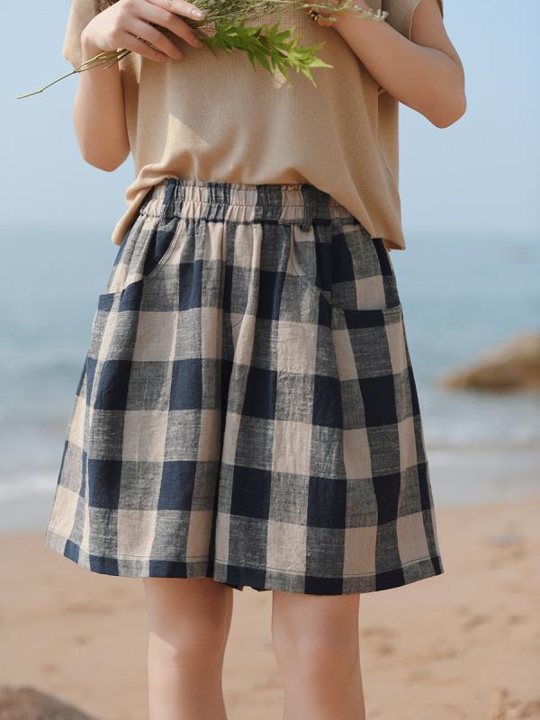 ショートパンツ レディース 綿麻 薄手 ウエストゴム 涼しい 通気性 カジュアル 春夏 Aライン ハイウエスト 色織り柄 チェック ゆったり 快適 リラックス おうち時間 お出かけ