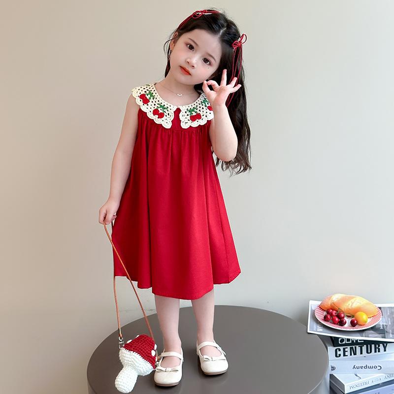 ワンピース 女の子 キッズ ノースリーブ 薄手 かわいい 夏物 柔らかい肌触り おしゃれ キャミソールベスト プリンセスドレス 綿 コットン 刺繍 赤 子供服
