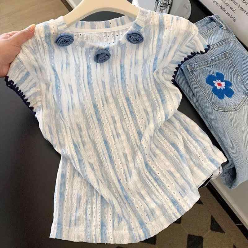 Tシャツ レディース スカイブルー 綿麻 ストライプ 半袖 丸首 春夏 韓国風 かわいい 立体フラワー きれいめ 通勤用 ブラウス