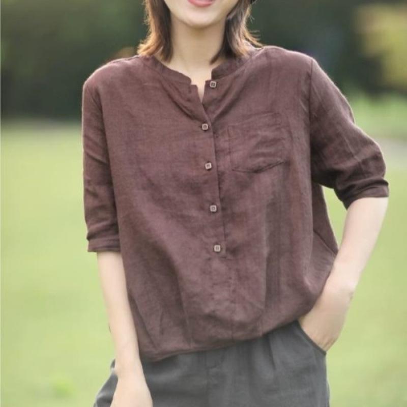 シャツ 高級感 麻混 リネン コットンブレンド 無地 ゆったり オーバーサイズ ルーズフィット カジュアル レトロ スタンドカラー 立ち襟 五分袖 半袖 ボタン付き ポケット付き 春夏 通勤 オフィス デイリー 普段使い リラックスウェア