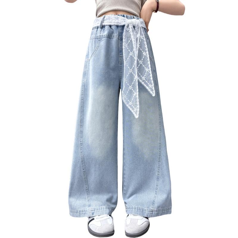デニムパンツ 女の子 キッズ ジュニア 春夏 ゆったり ストレート ワイド レースウエスト ゴム ハイウエスト 小学生 中学生 長パンツ カジュアル ボトムス 綿